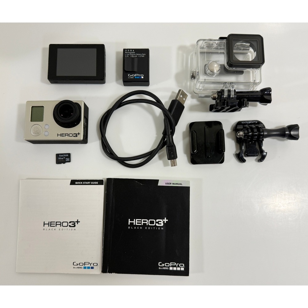 GoPro HERO3+ Black Edition Action Camera Bundle Silver With LCD BacPac & SD Card